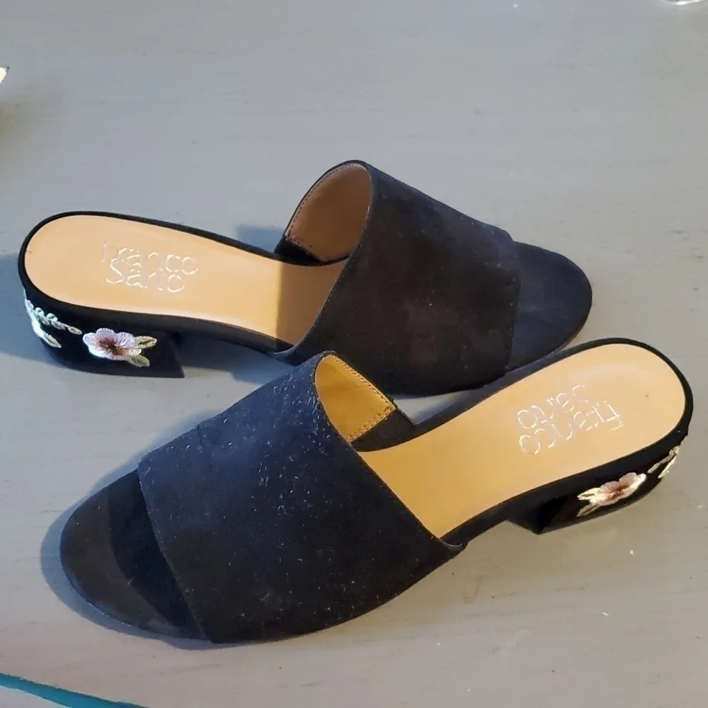 Franco Sarto-  Slides sandal Black Suede embroidered heels slip on women's 7.5